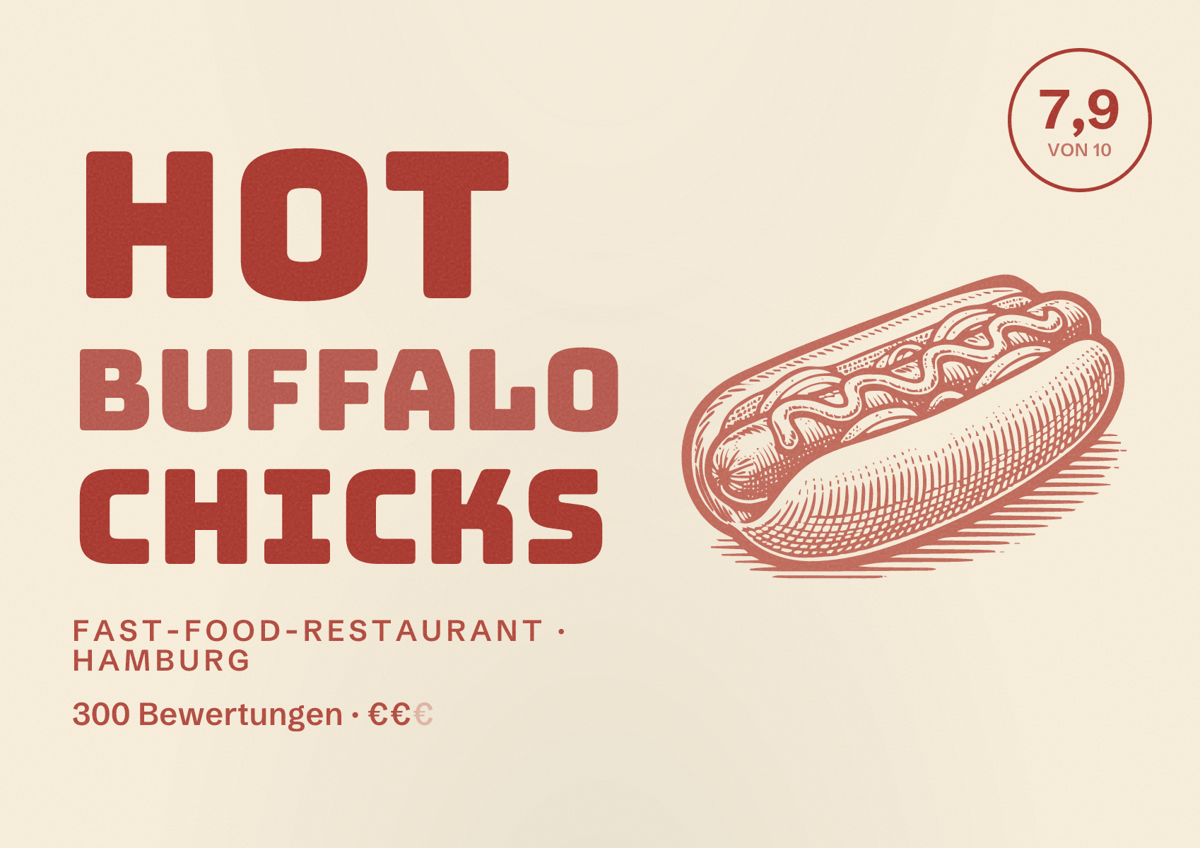 Illustriertes Poster von Hot Buffalo Chicks, Fast-Food-Restaurant in Hamburg: Bewertung 7,9 von 10 aus 300 Bewertungen, Preisniveau €€