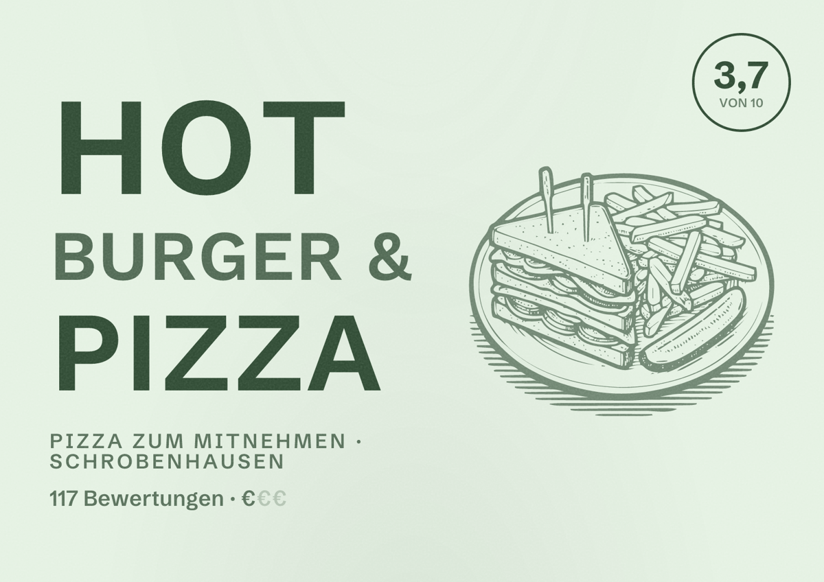 Illustriertes Poster von Hot Burger & Pizza, Pizza zum Mitnehmen in Schrobenhausen: Bewertung 3,7 von 10 aus 117 Bewertungen, Preisniveau €