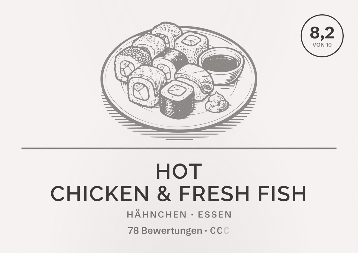 Illustriertes Poster von Hot Chicken & Fresh Fish, Hähnchen in Essen: Bewertung 8,2 von 10 aus 78 Bewertungen, Preisniveau €€