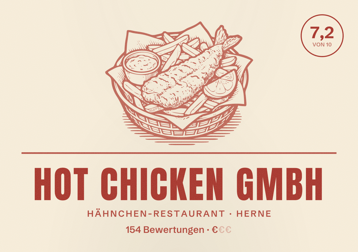 Illustriertes Poster von HOT CHICKEN GmbH, Hähnchen-Restaurant in Herne: Bewertung 7,2 von 10 aus 154 Bewertungen, Preisniveau €