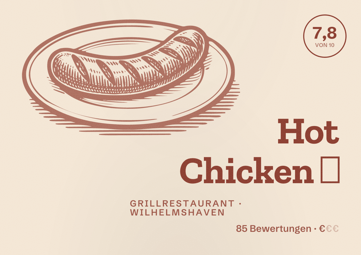 Illustriertes Poster von Hot Chicken 🍗, Grillrestaurant in Wilhelmshaven: Bewertung 7,8 von 10 aus 85 Bewertungen, Preisniveau €