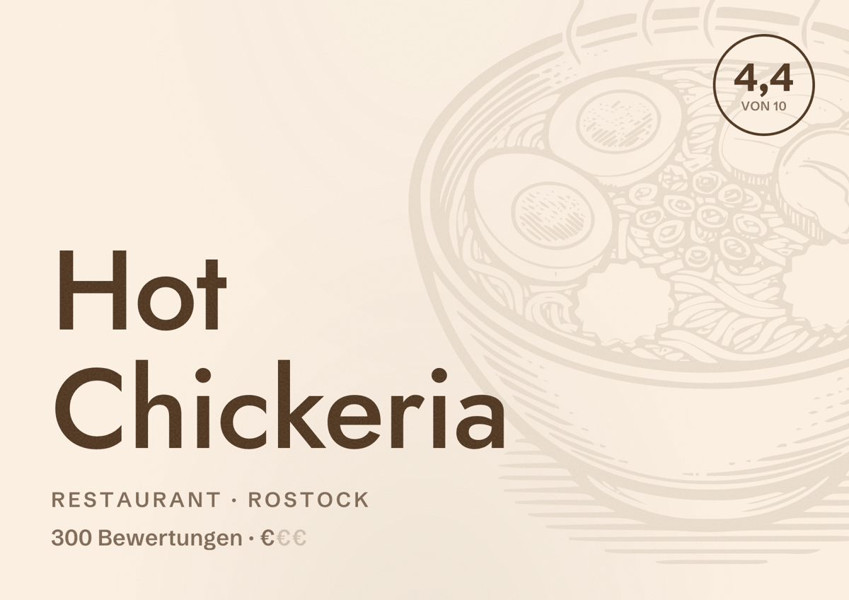 Illustriertes Poster von Hot Chickeria, Restaurant in Rostock: Bewertung 4,4 von 10 aus 300 Bewertungen, Preisniveau €