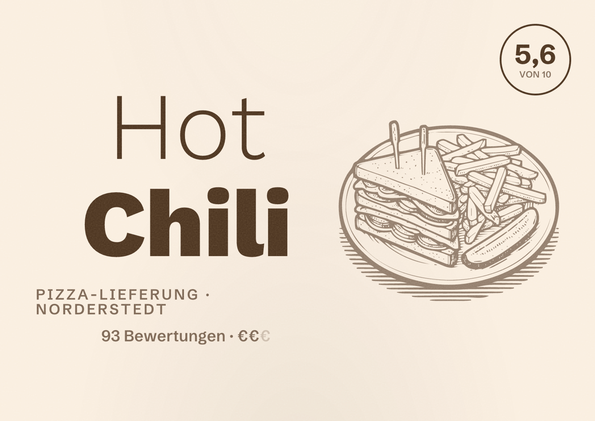 Illustriertes Poster von Hot Chili, Pizza-Lieferung in Norderstedt: Bewertung 5,6 von 10 aus 93 Bewertungen, Preisniveau €€