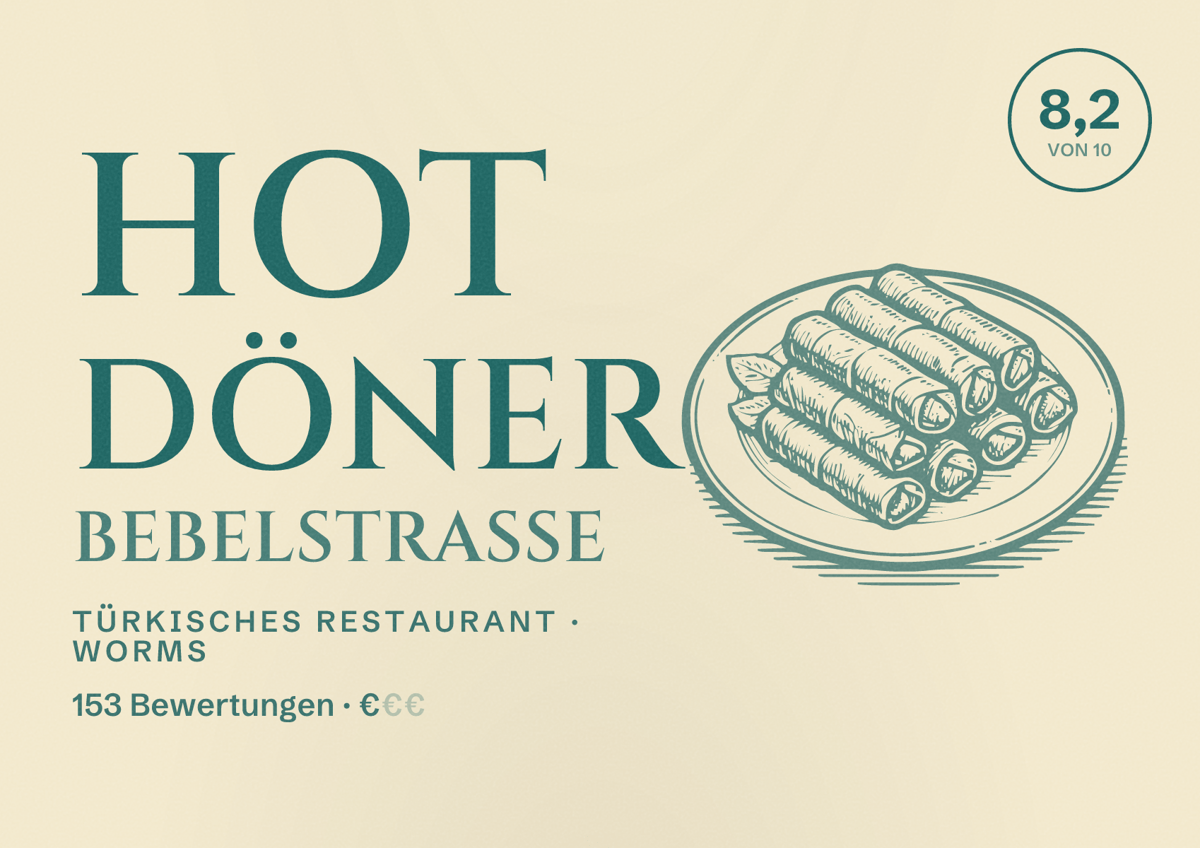 Illustriertes Poster von Hot Döner Bebelstraße, Türkisches Restaurant in Worms: Bewertung 8,2 von 10 aus 153 Bewertungen, Preisniveau €