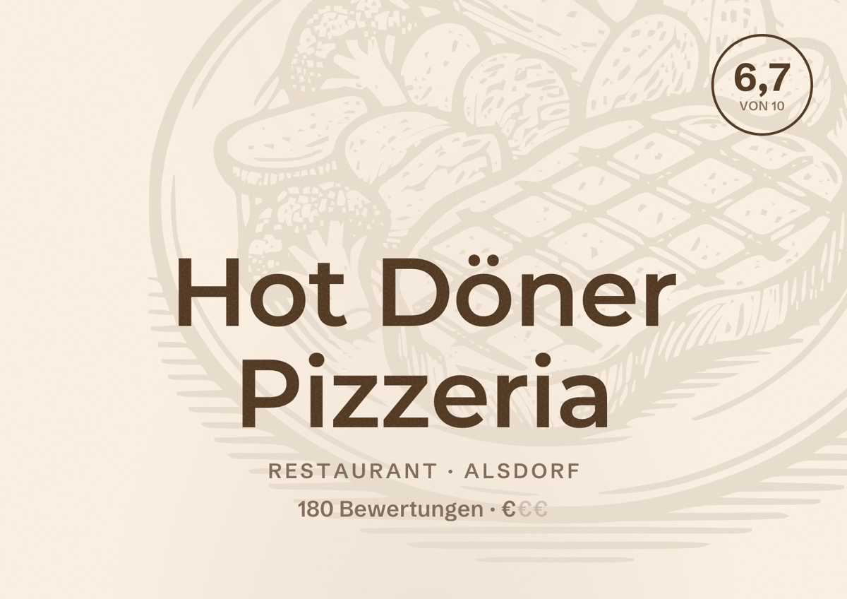 Illustriertes Poster von Hot Döner Pizzeria, Restaurant in Alsdorf: Bewertung 6,7 von 10 aus 180 Bewertungen, Preisniveau €