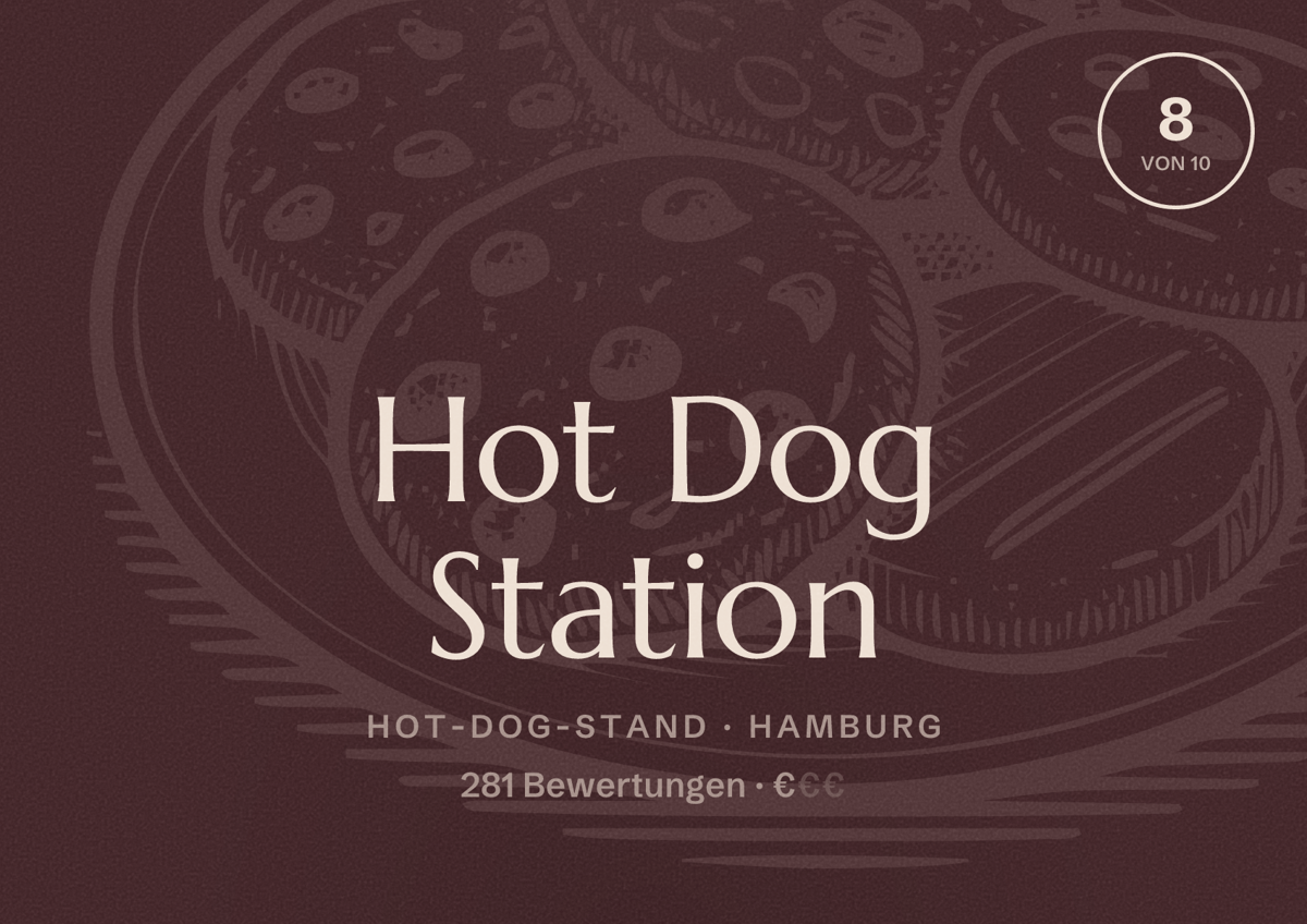 Illustriertes Poster von Hot Dog Station, Hot-Dog-Stand in Hamburg: Bewertung 8,0 von 10 aus 281 Bewertungen, Preisniveau €