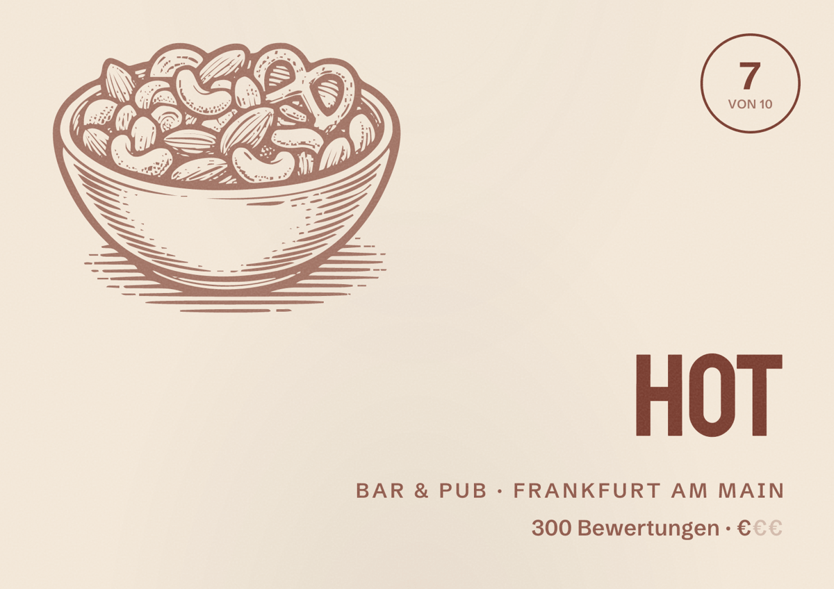 Illustriertes Poster von HOT, Bar & Pub in Frankfurt am Main: Bewertung 7 von 10 aus 300 Bewertungen, Preisniveau €