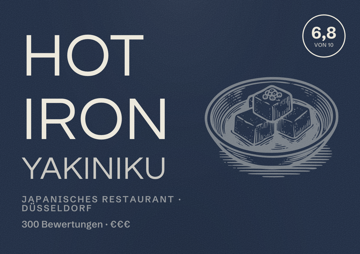 Illustriertes Poster von Hot Iron Yakiniku, Japanisches Restaurant in Düsseldorf: Bewertung 6,8 von 10 aus 300 Bewertungen, Preisniveau €€€