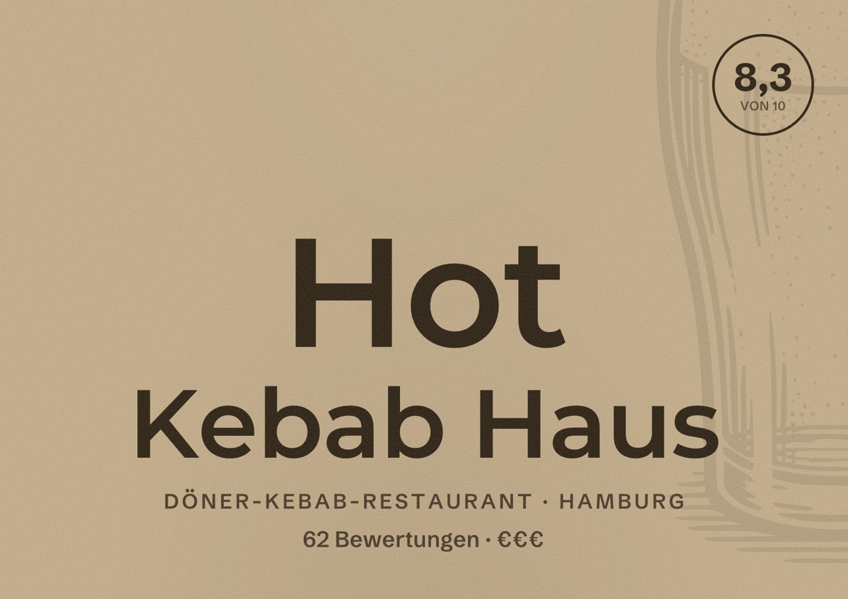 Illustriertes Poster von Hot Kebab Haus, Döner-Kebab-Restaurant in Hamburg: Bewertung 8,3 von 10 aus 62 Bewertungen, Preisniveau €€€
