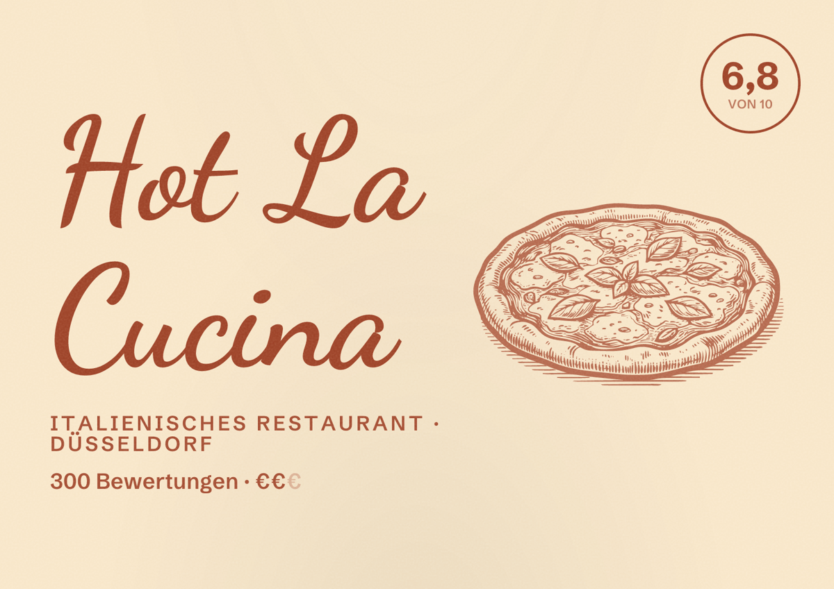 Illustriertes Poster von Hot La Cucina, Italienisches Restaurant in Düsseldorf: Bewertung 6,8 von 10 aus 300 Bewertungen, Preisniveau €€
