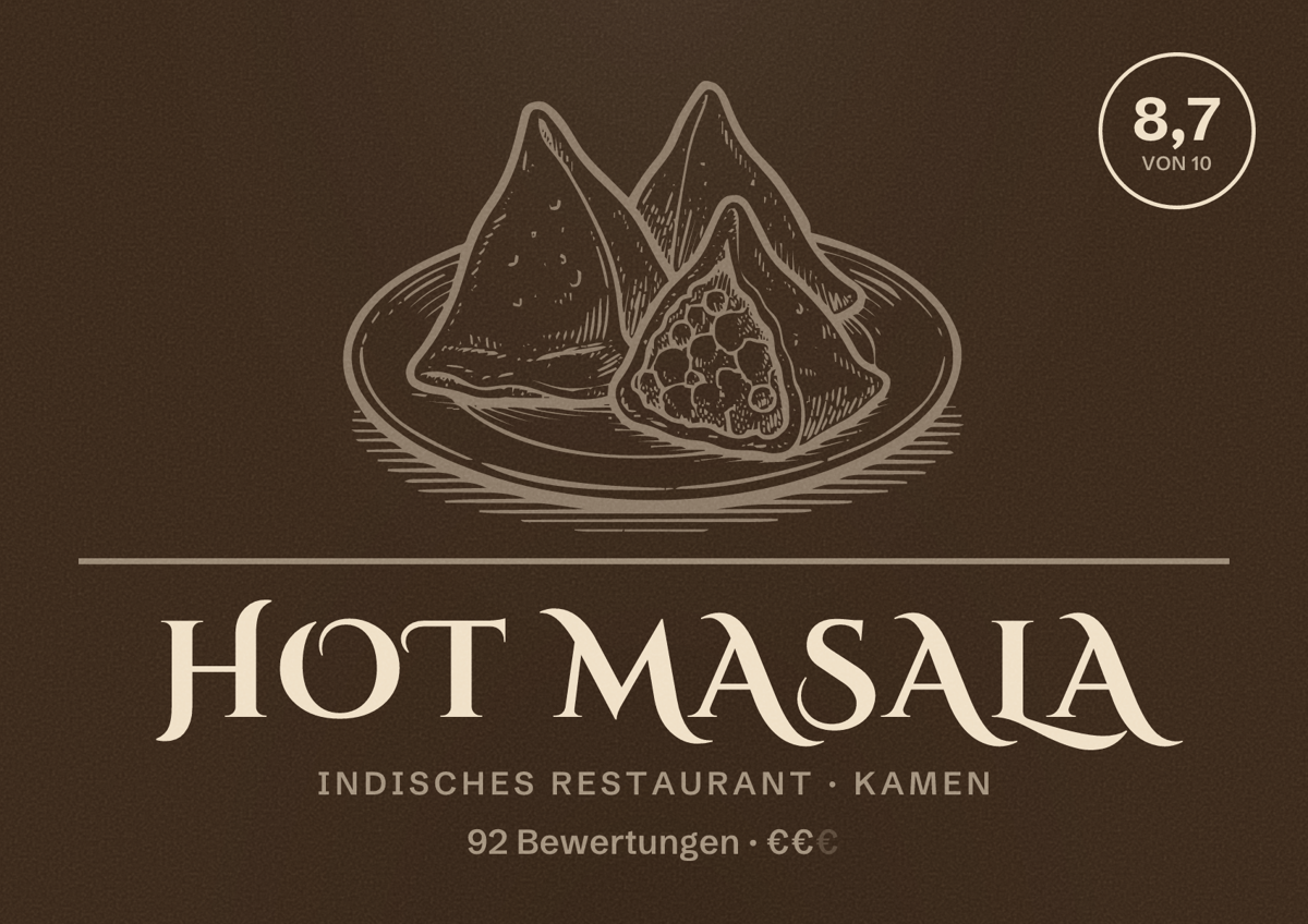 Illustriertes Poster von Hot Masala, Indisches Restaurant in Kamen: Bewertung 8,7 von 10 aus 92 Bewertungen, Preisniveau €€