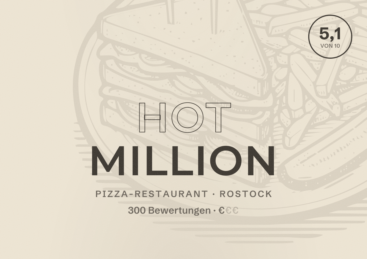 Illustriertes Poster von Hot Million, Pizza-Restaurant in Rostock: Bewertung 5,1 von 10 aus 300 Bewertungen, Preisniveau €