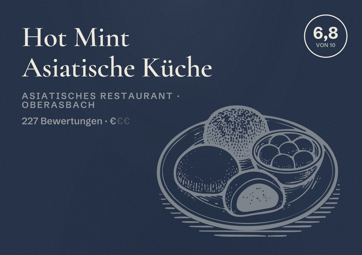 Illustriertes Poster von Hot Mint Asiatische Küche, Asiatisches Restaurant in Oberasbach: Bewertung 6,8 von 10 aus 227 Bewertungen, Preisniveau €