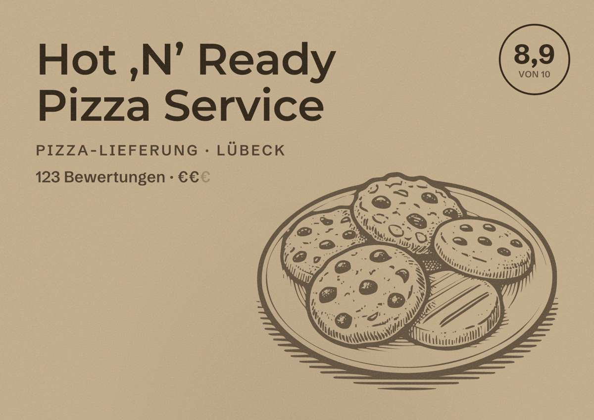 Illustriertes Poster von Hot ,N’ Ready Pizza Service, Pizza-Lieferung in Lübeck: Bewertung 8,9 von 10 aus 123 Bewertungen, Preisniveau €€