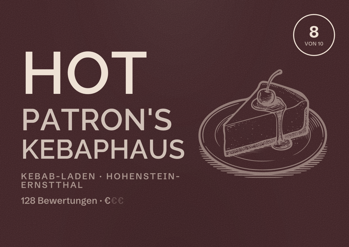 Illustriertes Poster von Hot Patron's Kebaphaus, Kebab-Laden in Hohenstein-Ernstthal: Bewertung 8 von 10 aus 128 Bewertungen, Preisniveau €