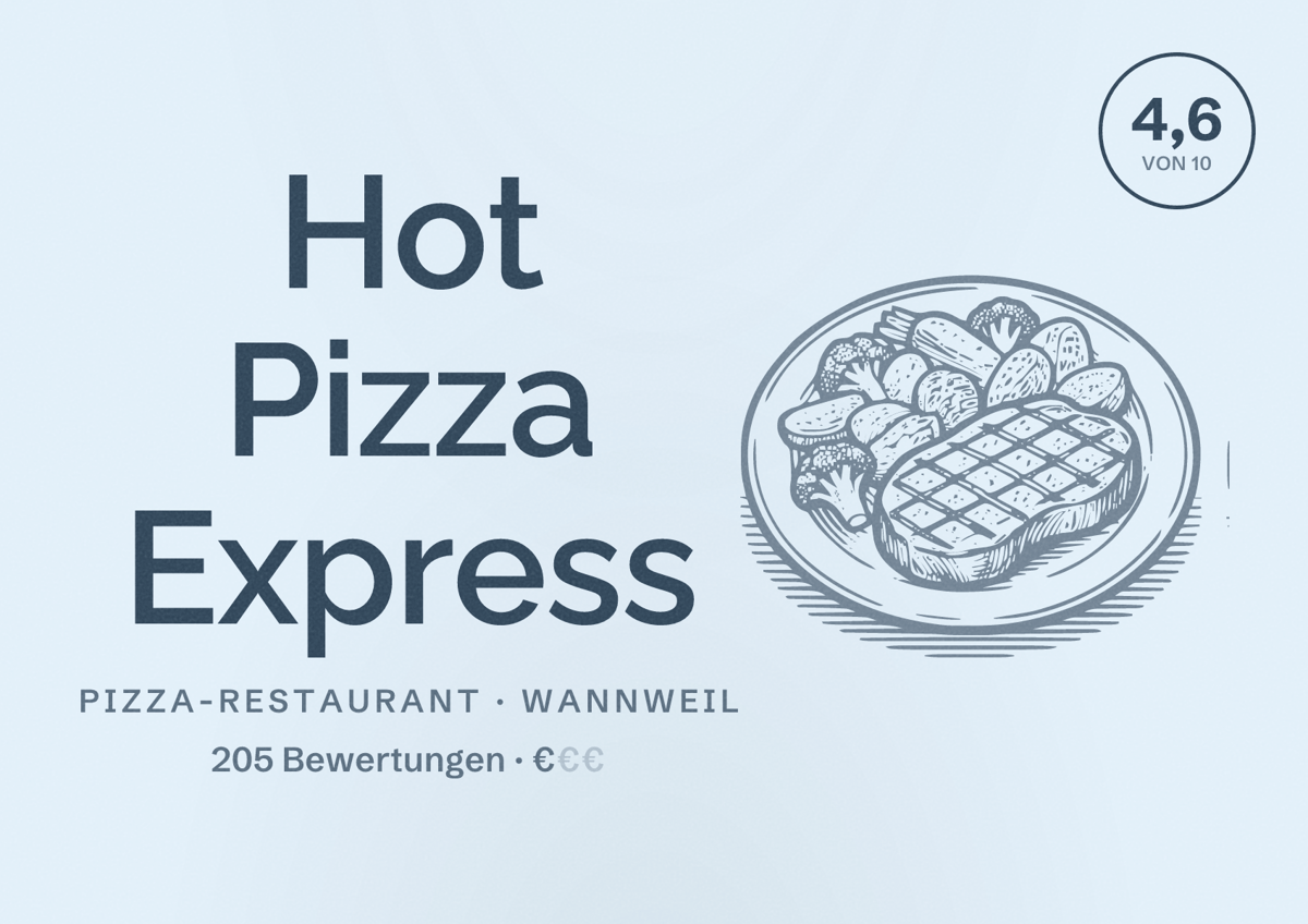 Illustriertes Poster von Hot Pizza Express, Pizza-Restaurant in Wannweil: Bewertung 4,6 von 10 aus 205 Bewertungen, Preisniveau €