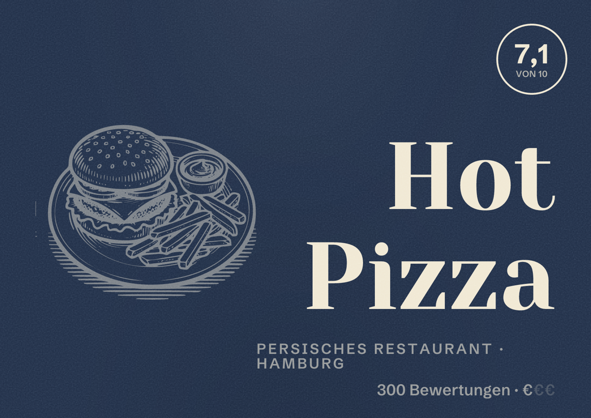 Illustriertes Poster von Hot Pizza, Persisches Restaurant in Hamburg: Bewertung 7,1 von 10 aus 300 Bewertungen, Preisniveau €