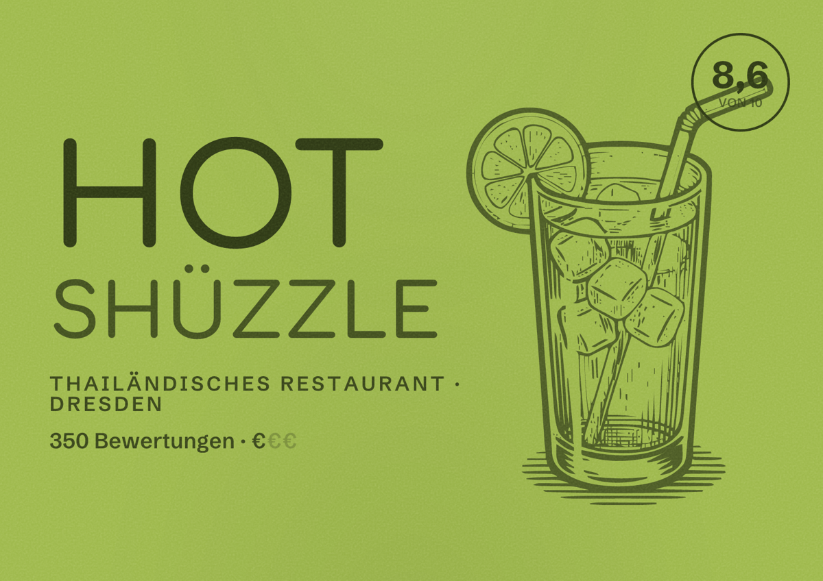 Illustriertes Poster von Hot Shüzzle, Thailändisches Restaurant in Dresden: Bewertung 8,6 von 10 aus 350 Bewertungen, Preisniveau €