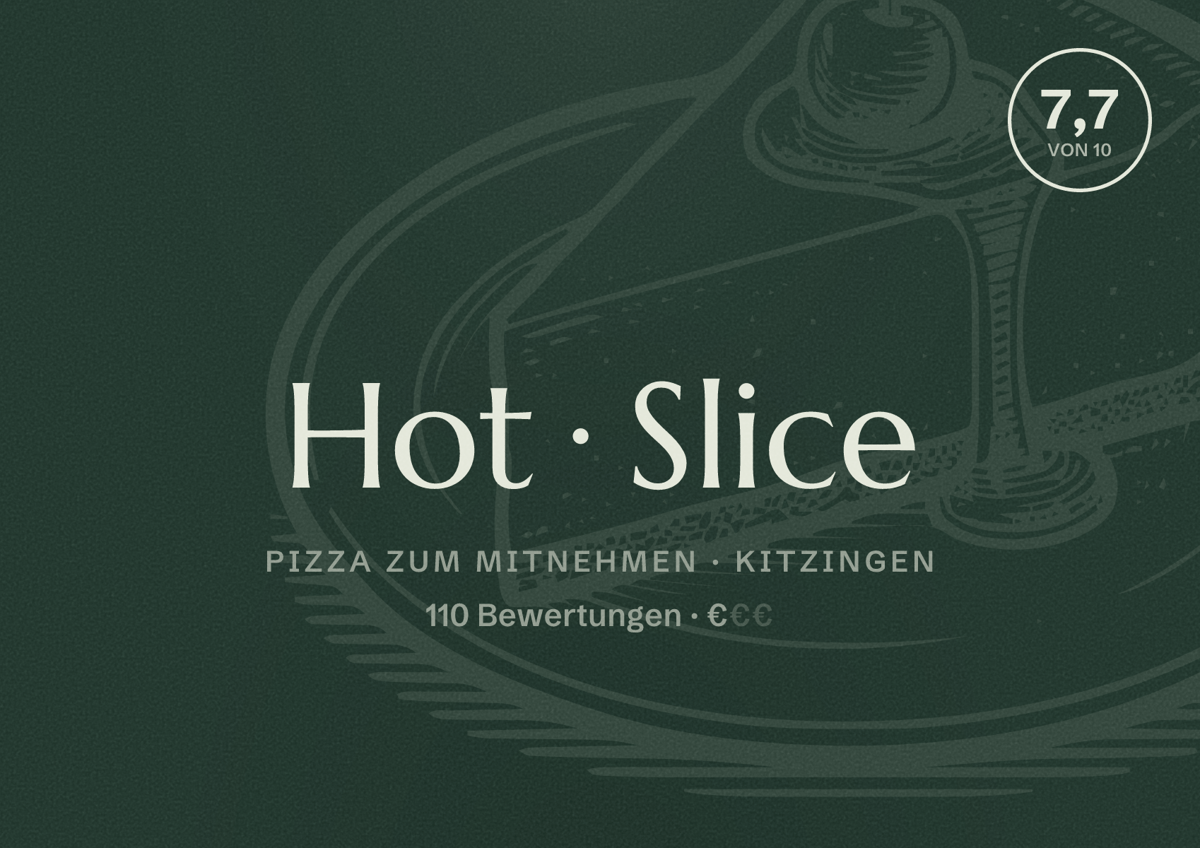 Illustriertes Poster von Hot Slice, Pizza zum Mitnehmen in Kitzingen: Bewertung 7,7 von 10 aus 110 Bewertungen, Preisniveau €