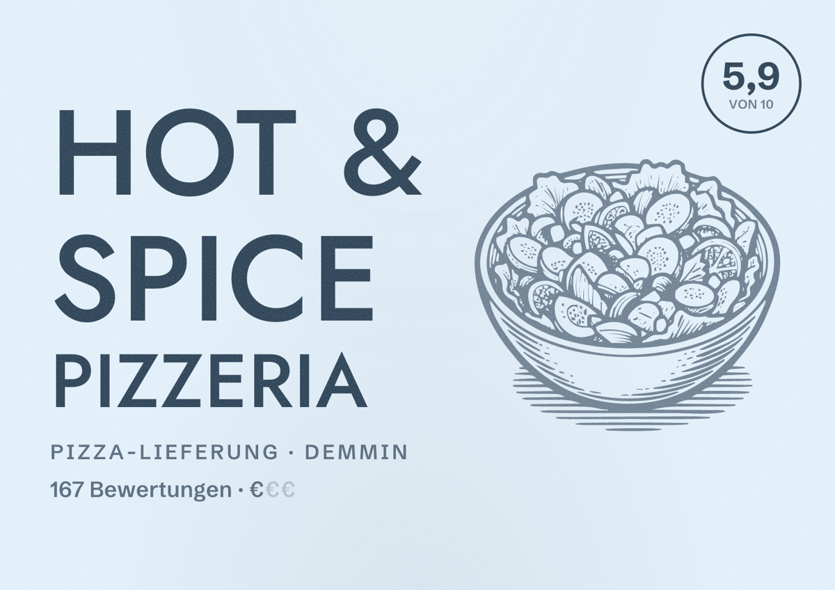 Illustriertes Poster von Hot & Spice Pizzeria, Pizza-Lieferung in Demmin: Bewertung 5,9 von 10 aus 167 Bewertungen, Preisniveau €