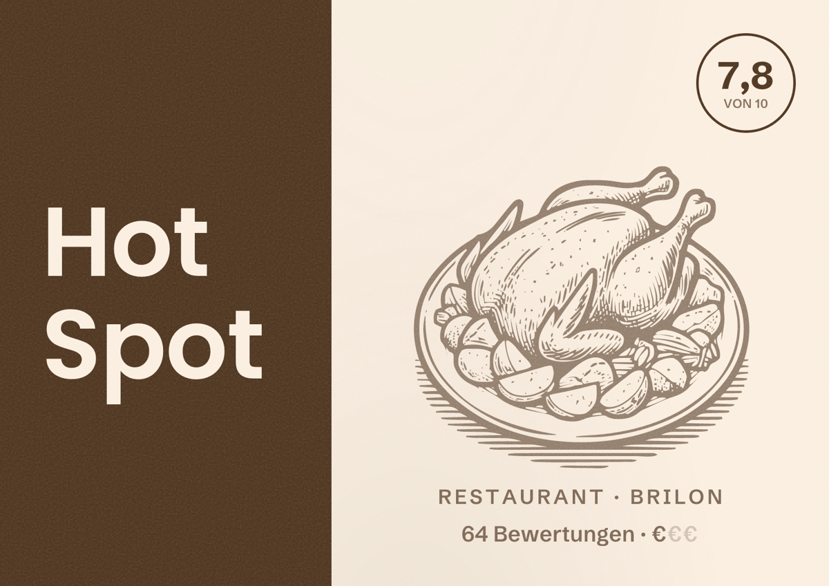 Illustriertes Poster von Hot Spot, Restaurant in Brilon: Bewertung 7,8 von 10 aus 64 Bewertungen, Preisniveau €