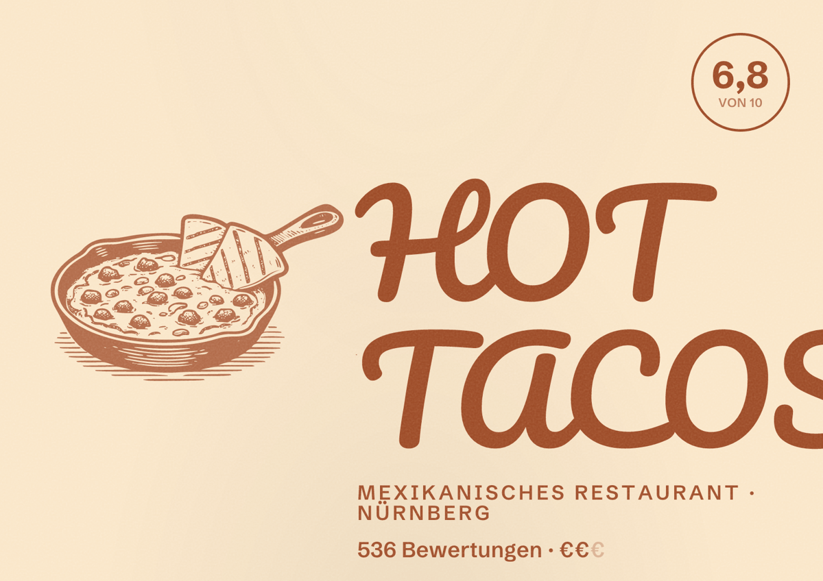 Illustriertes Poster von HOT TACOS, Mexikanisches Restaurant in Nürnberg: Bewertung 6,8 von 10 aus 536 Bewertungen, Preisniveau €€