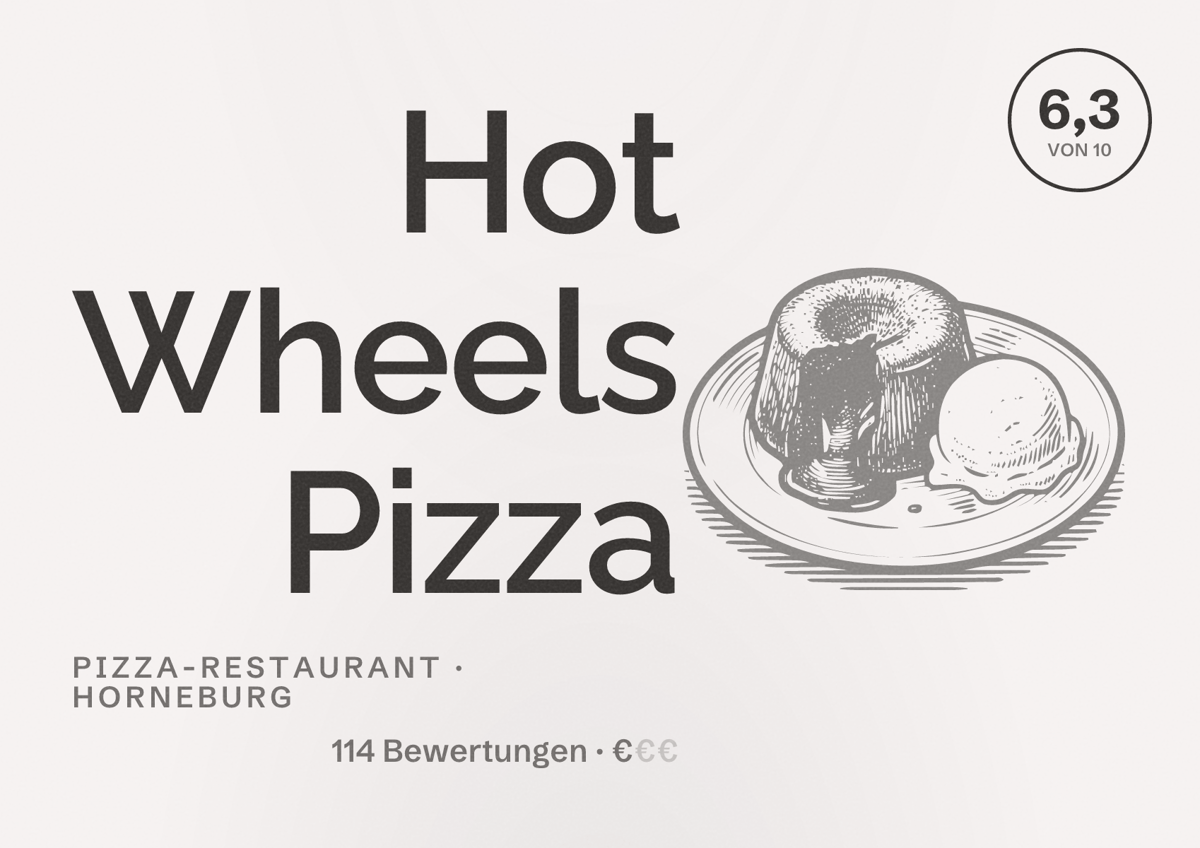 Illustriertes Poster von Hot Wheels Pizza, Pizza-Restaurant in Horneburg: Bewertung 6,3 von 10 aus 114 Bewertungen, Preisniveau €