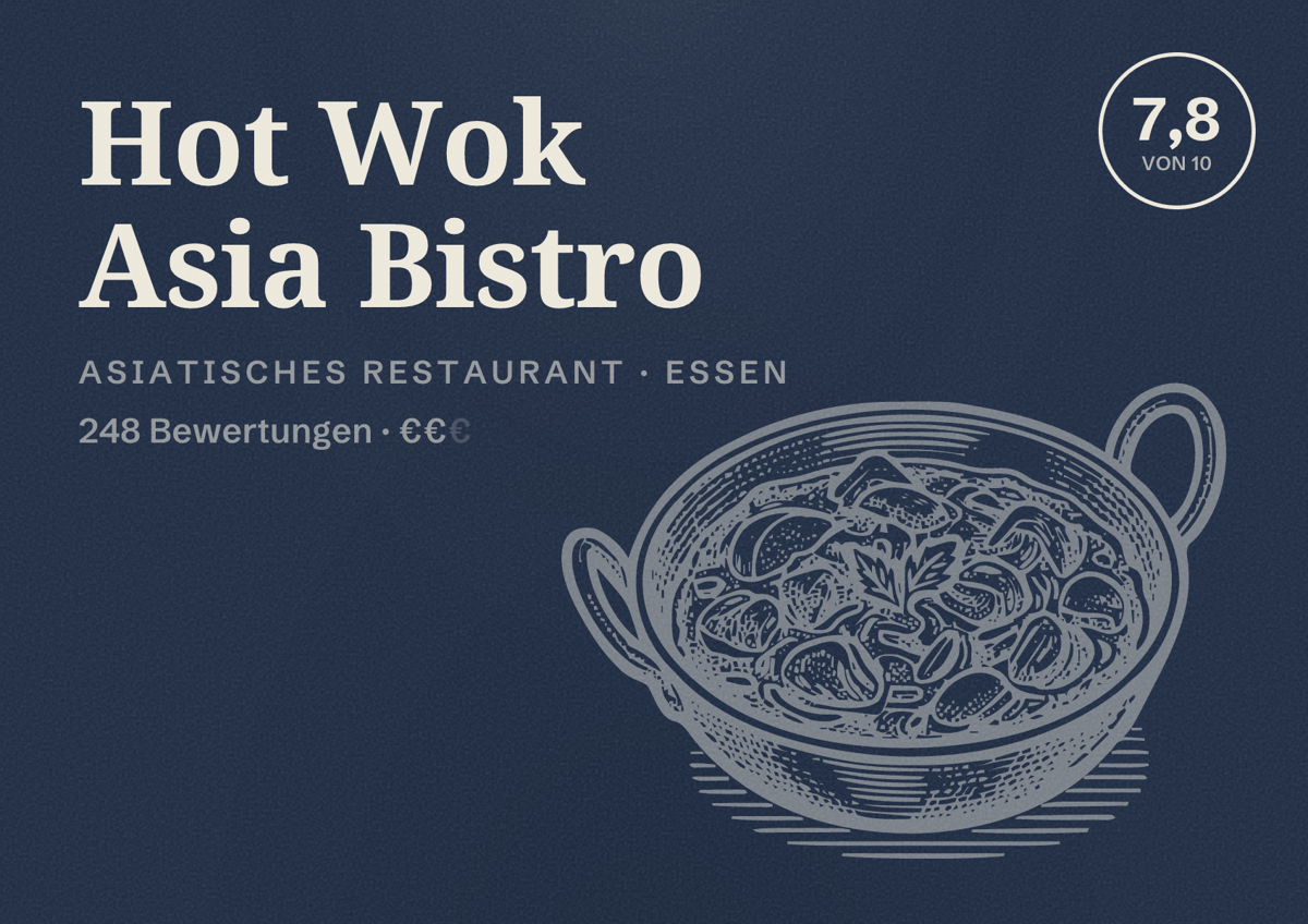 Illustriertes Poster von Hot Wok Asia Bistro, Asiatisches Restaurant in Essen: Bewertung 7,8 von 10 aus 248 Bewertungen, Preisniveau €€