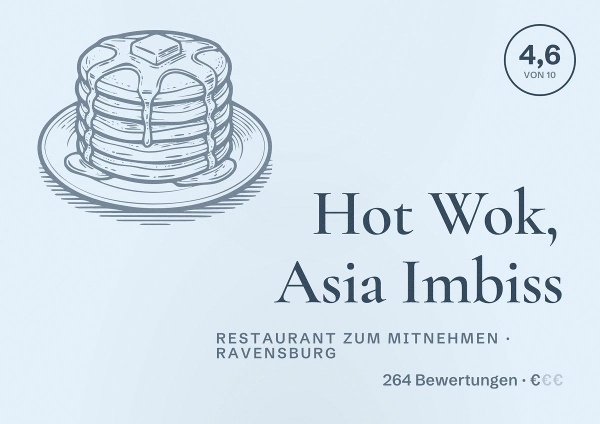 Illustriertes Poster von Hot Wok, Asia Imbiss, Restaurant zum Mitnehmen in Ravensburg: Bewertung 4,6 von 10 aus 264 Bewertungen, Preisniveau €