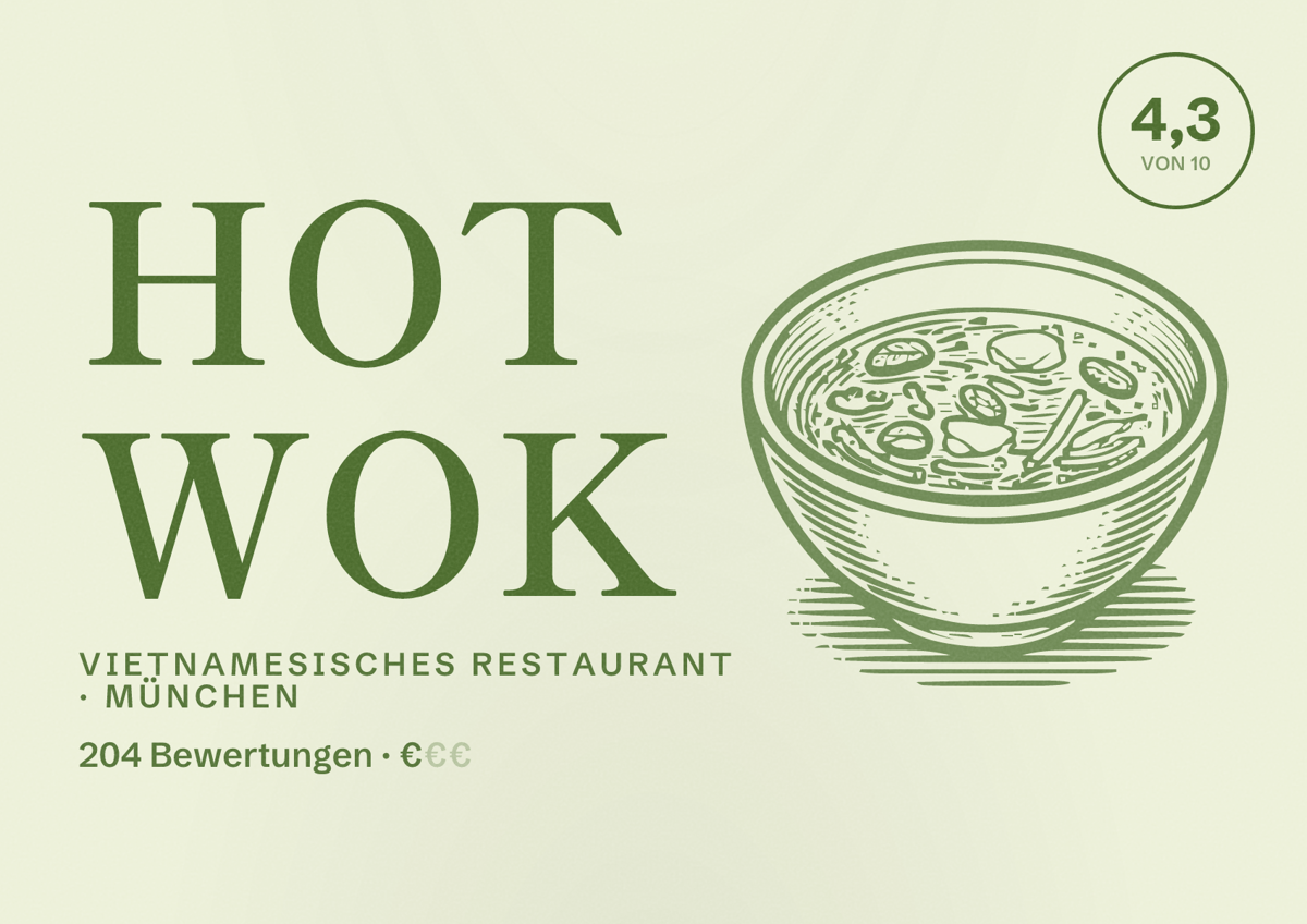Illustriertes Poster von Hot Wok, Vietnamesisches Restaurant in München: Bewertung 4,3 von 10 aus 204 Bewertungen, Preisniveau €
