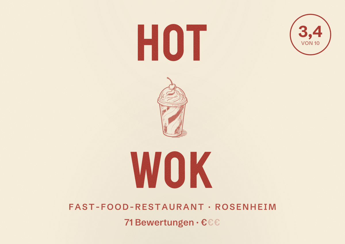 Illustriertes Poster von Hot Wok, Fast-Food-Restaurant in Rosenheim: Bewertung 3,4 von 10 aus 71 Bewertungen, Preisniveau €