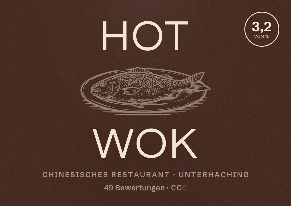 Illustriertes Poster von Hot Wok, Chinesisches Restaurant in Unterhaching: Bewertung 3,2 von 10 aus 49 Bewertungen, Preisniveau €€