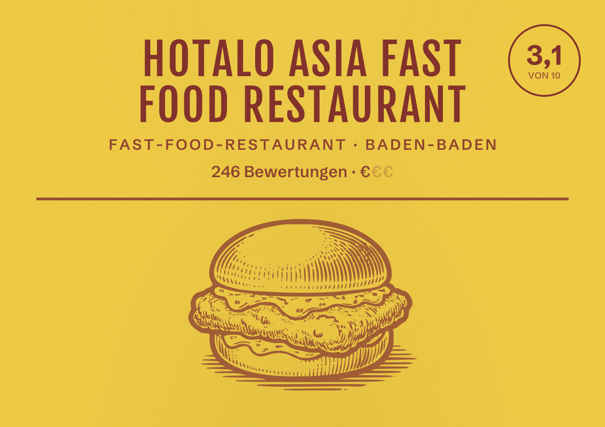 Illustriertes Poster von Hotalo Asia Fast Food Restaurant, Fast-Food-Restaurant in Baden-Baden: Bewertung 3,1 von 10 aus 246 Bewertungen, Preisniveau €