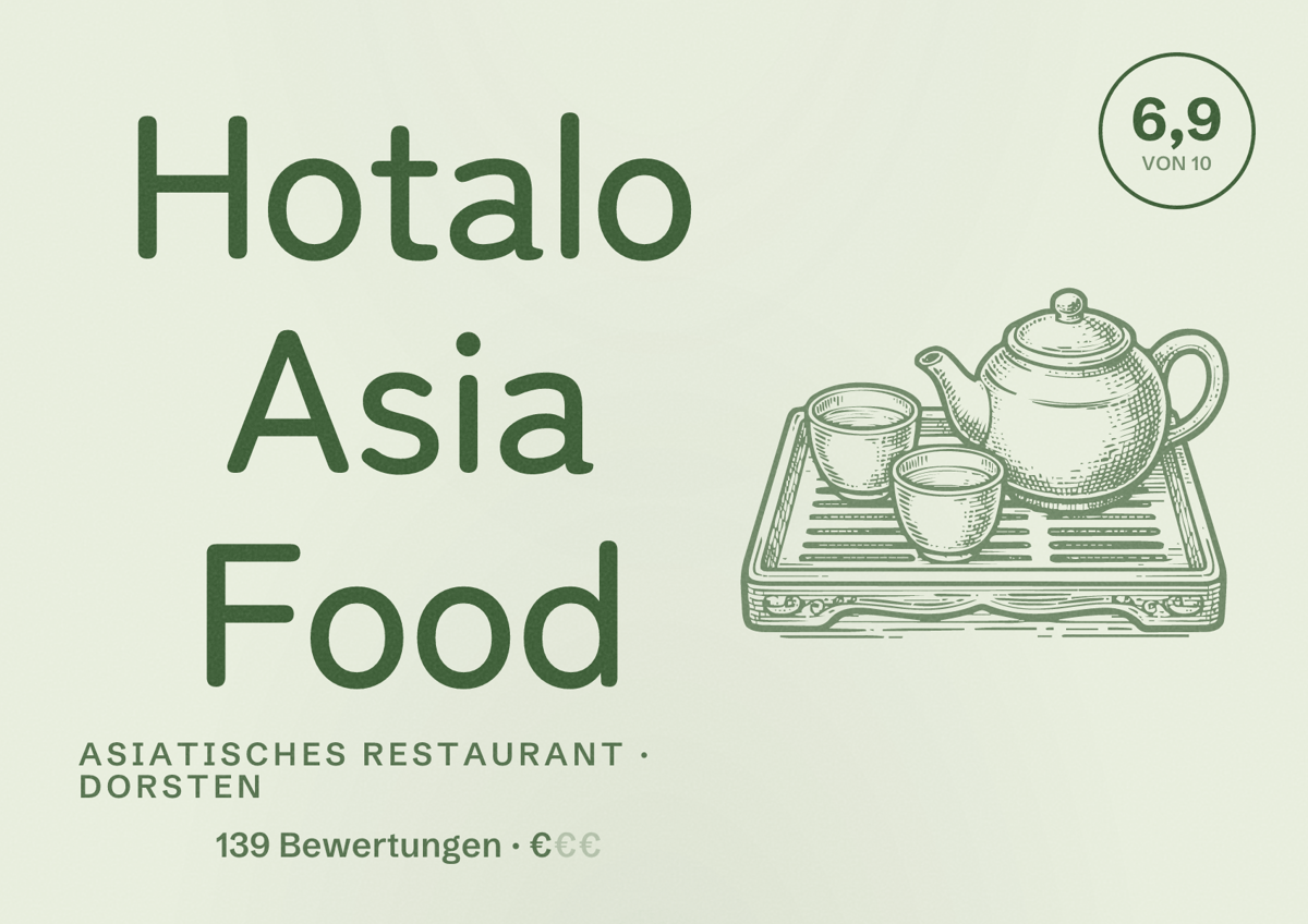 Illustriertes Poster von Hotalo Asia Food, Asiatisches Restaurant in Dorsten: Bewertung 6,9 von 10 aus 139 Bewertungen, Preisniveau €