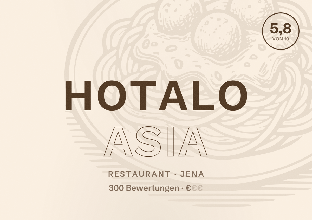 Illustriertes Poster von Hotalo Asia, Restaurant in Jena: Bewertung 5,8 von 10 aus 300 Bewertungen, Preisniveau €