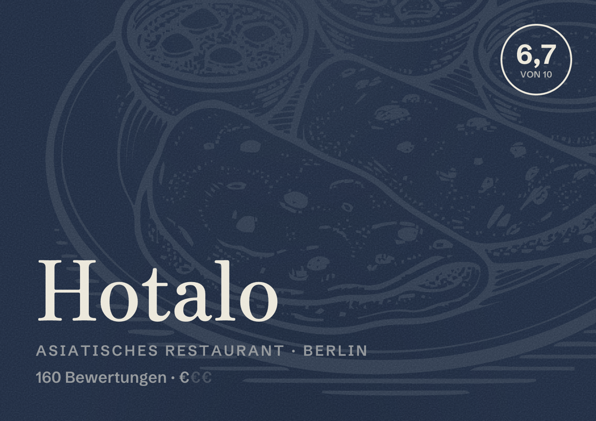 Illustriertes Poster von Hotalo, Asiatisches Restaurant in Berlin: Bewertung 6,7 von 10 aus 160 Bewertungen, Preisniveau €