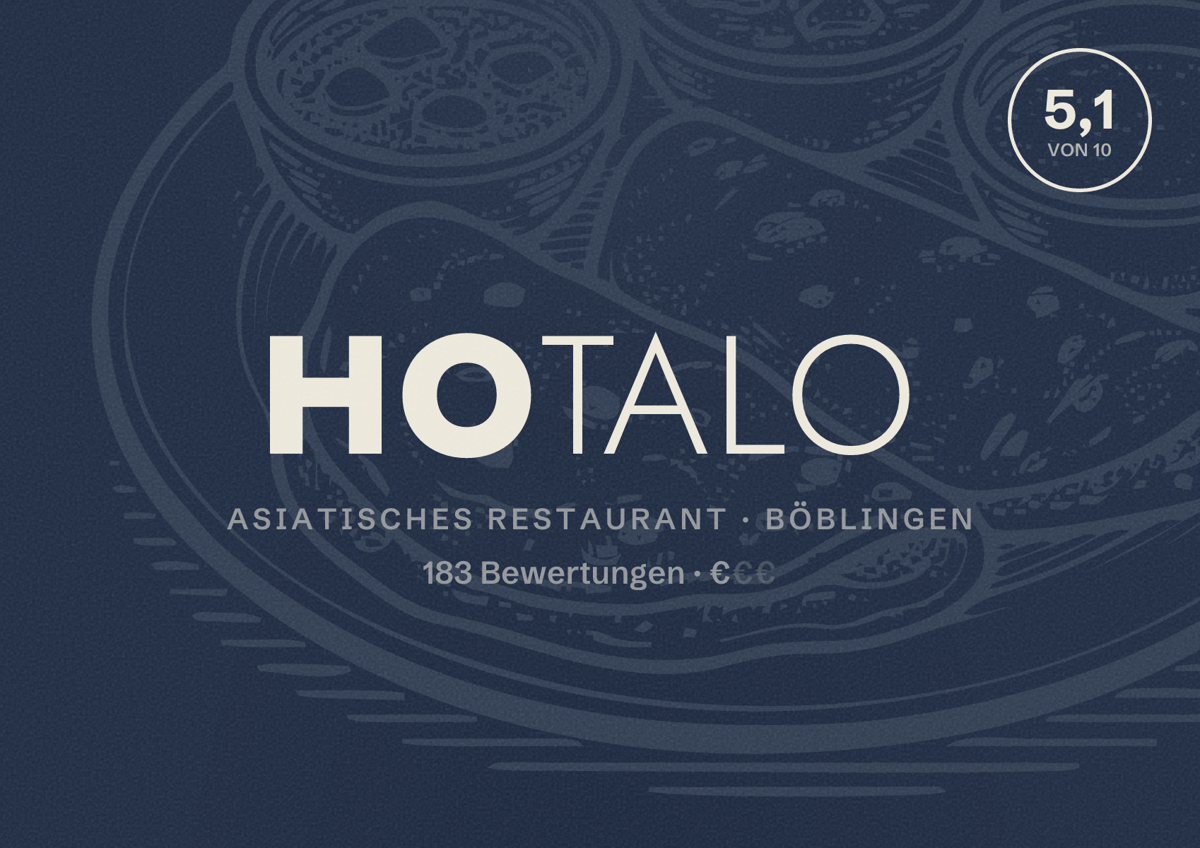 Illustriertes Poster von Hotalo, Asiatisches Restaurant in Böblingen: Bewertung 5,1 von 10 aus 183 Bewertungen, Preisniveau €
