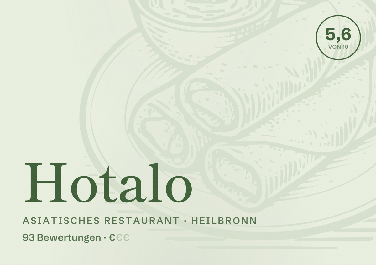 Illustriertes Poster von Hotalo, Asiatisches Restaurant in Heilbronn: Bewertung 5,6 von 10 aus 93 Bewertungen, Preisniveau €