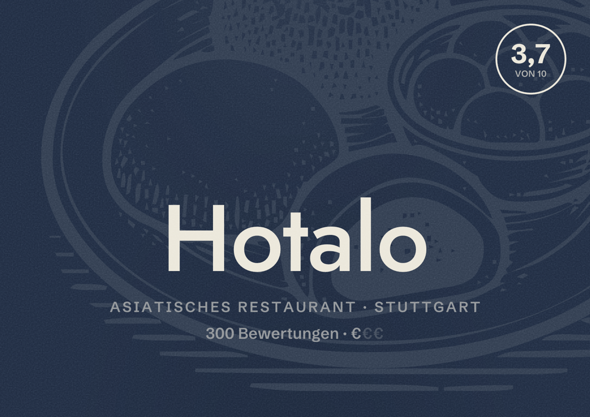 Illustriertes Poster von Hotalo, Asiatisches Restaurant in Stuttgart: Bewertung 3,7 von 10 aus 300 Bewertungen, Preisniveau €