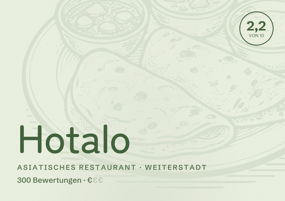 Illustriertes Poster von Hotalo, Asiatisches Restaurant in Weiterstadt: Bewertung 2,2 von 10 aus 300 Bewertungen, Preisniveau €