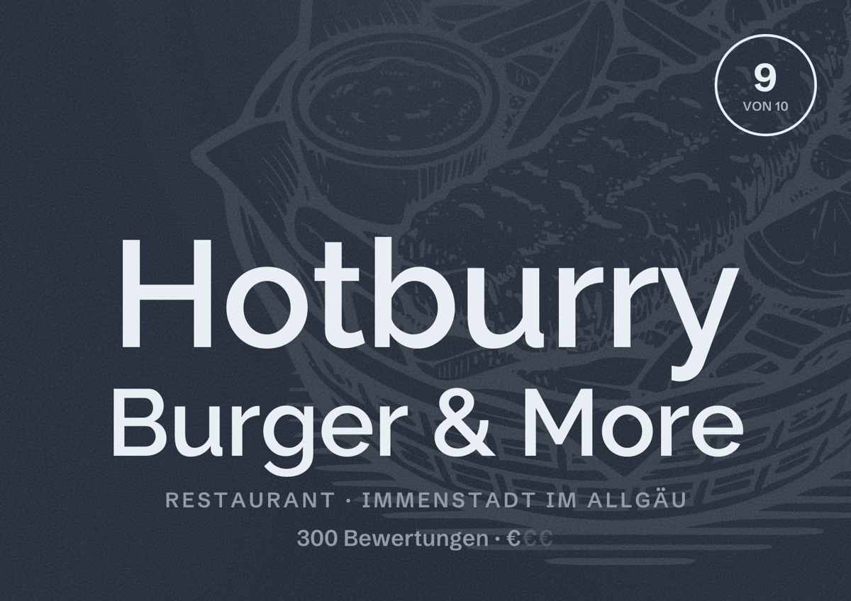 Illustriertes Poster von Hotburry Burger & More, Restaurant in Immenstadt im Allgäu: Bewertung 9 von 10 aus 300 Bewertungen, Preisniveau €