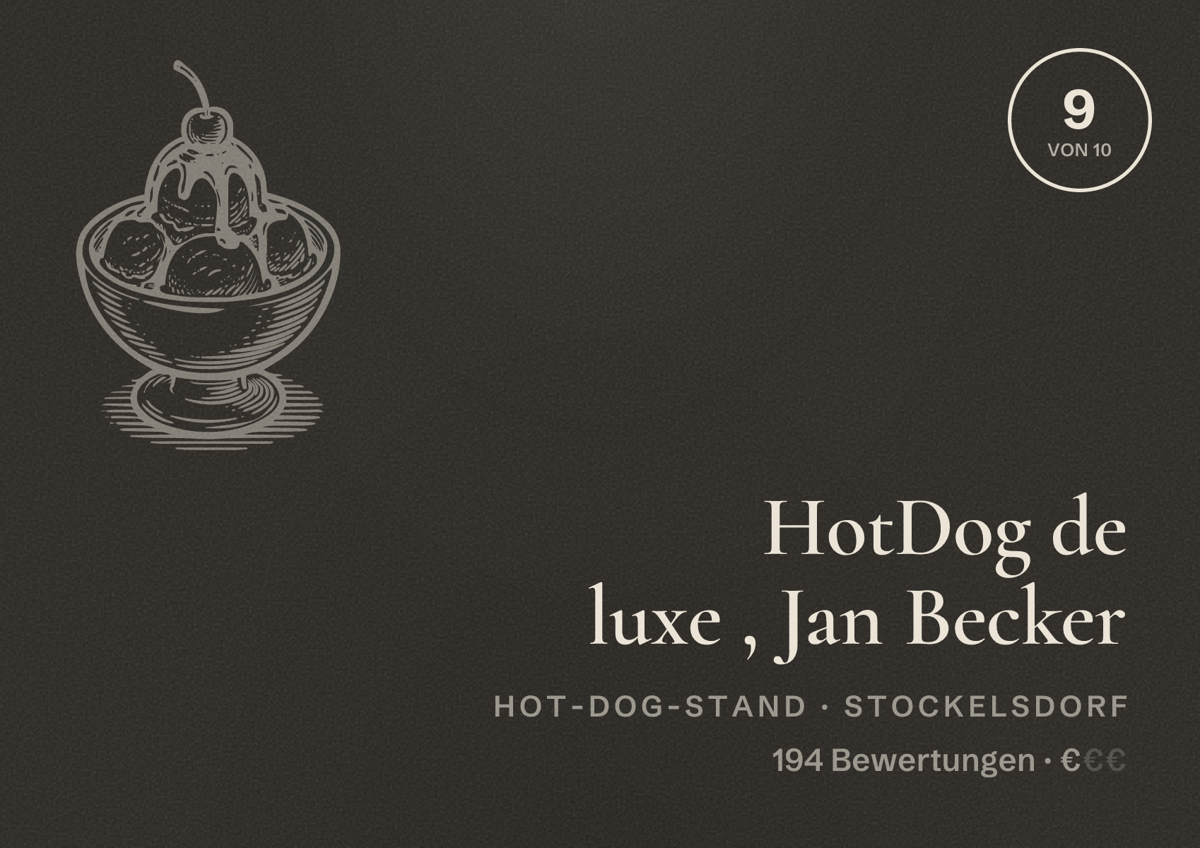 Illustriertes Poster von HotDog de luxe , Jan Becker, Hot-Dog-Stand in Stockelsdorf: Bewertung 9 von 10 aus 194 Bewertungen, Preisniveau €