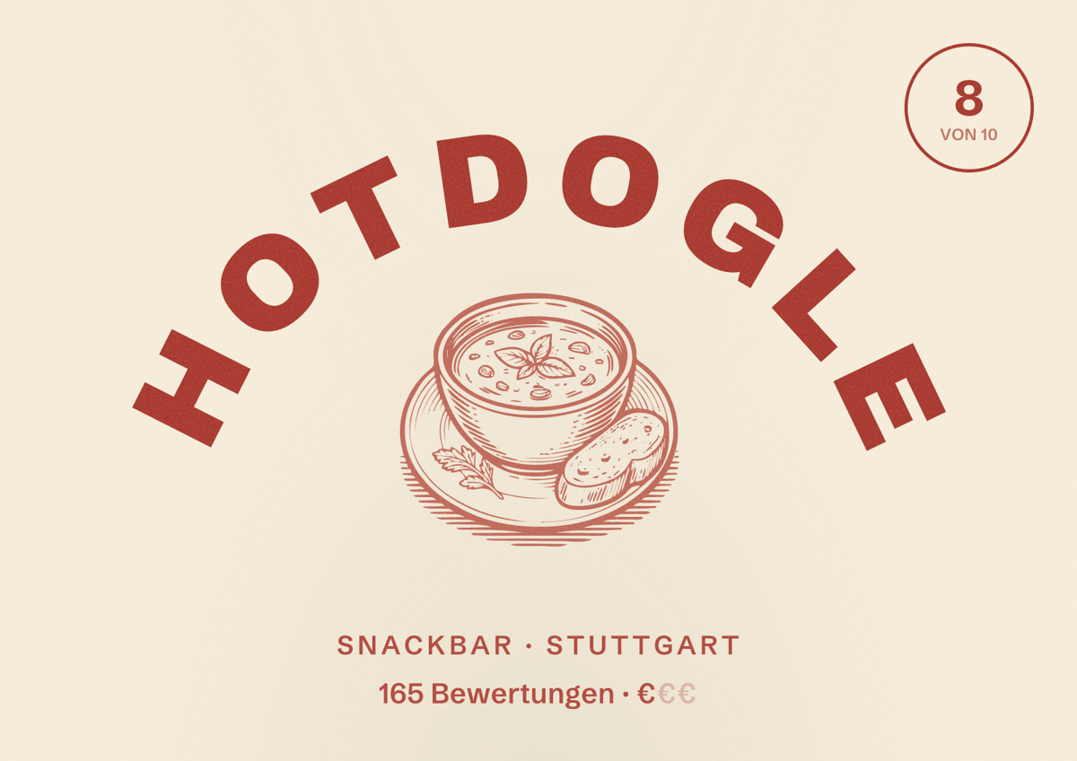 Illustriertes Poster von HOTDOGLE, Snackbar in Stuttgart: Bewertung 8,0 von 10 aus 165 Bewertungen, Preisniveau €