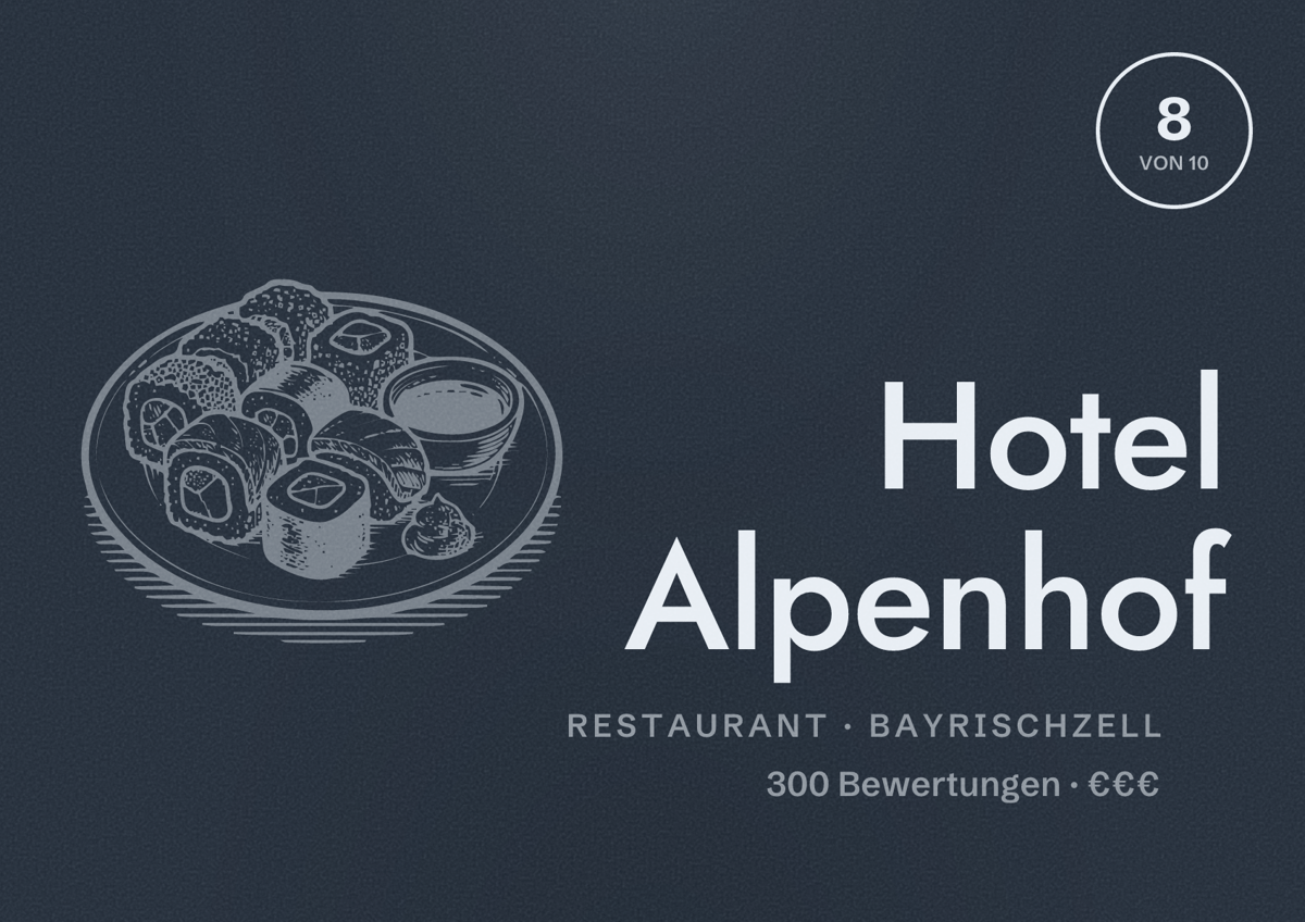 Illustriertes Poster von Hotel Alpenhof, Restaurant in Bayrischzell: Bewertung 8 von 10 aus 300 Bewertungen, Preisniveau €€€