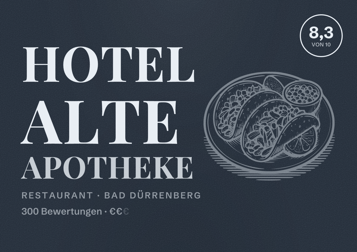 Illustriertes Poster von Hotel Alte Apotheke, Restaurant in Bad Dürrenberg: Bewertung 8,3 von 10 aus 300 Bewertungen, Preisniveau €€