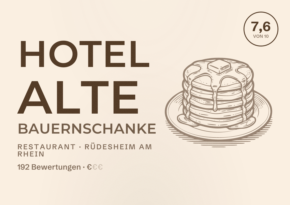 Illustriertes Poster von Hotel Alte Bauernschanke, Restaurant in Rüdesheim am Rhein: Bewertung 7,6 von 10 aus 192 Bewertungen, Preisniveau €
