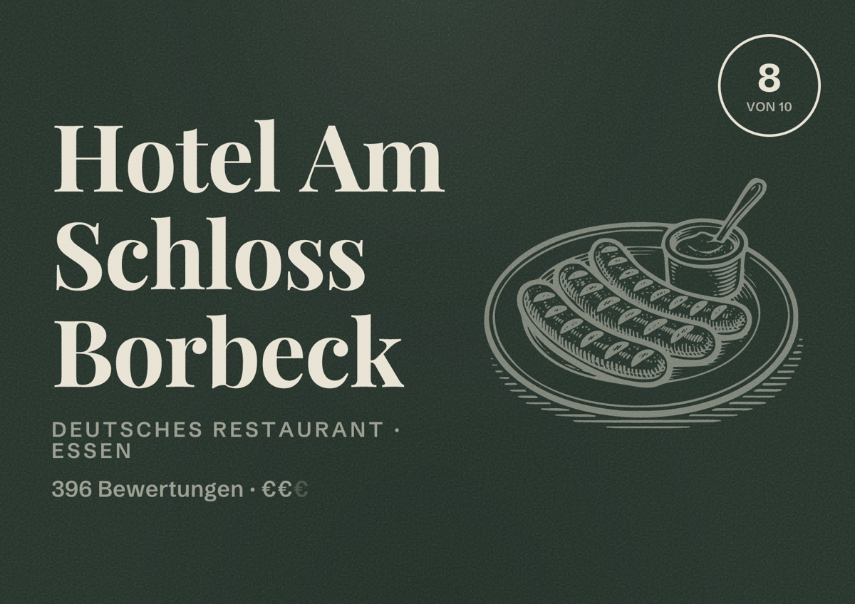 Illustriertes Poster von Hotel Am Schloss Borbeck, Deutsches Restaurant in Essen: Bewertung 8 von 10 aus 396 Bewertungen, Preisniveau €€