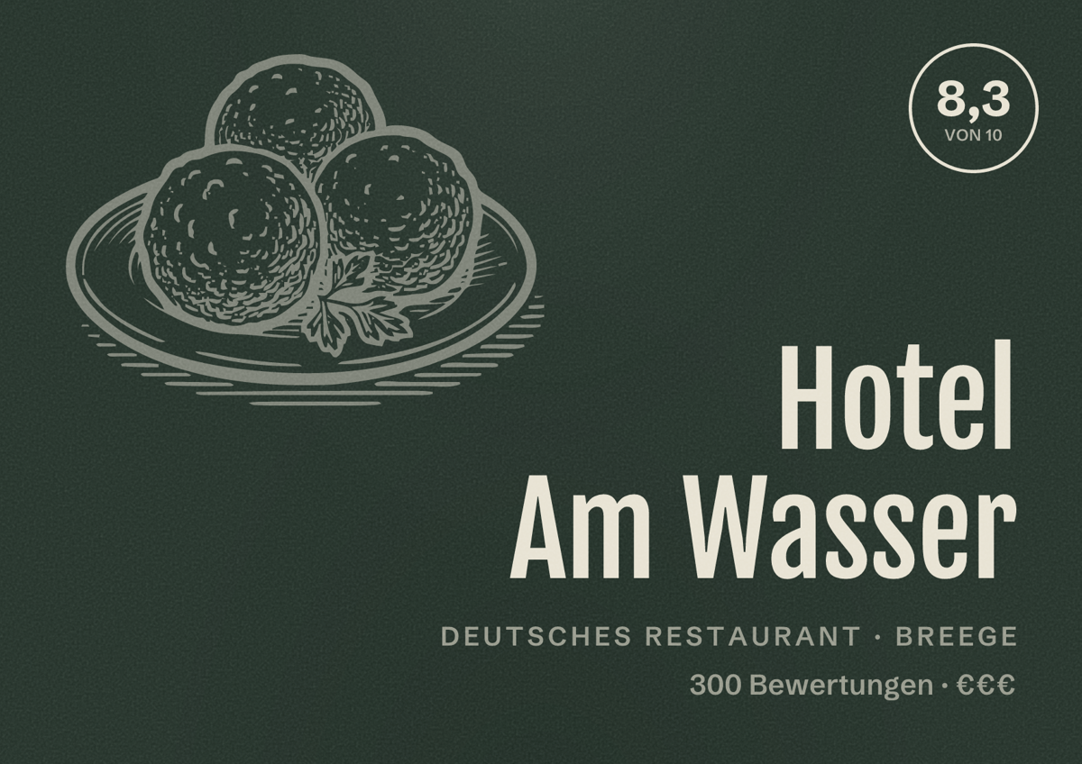 Illustriertes Poster von Hotel Am Wasser, Deutsches Restaurant in Breege: Bewertung 8,3 von 10 aus 300 Bewertungen, Preisniveau €€€