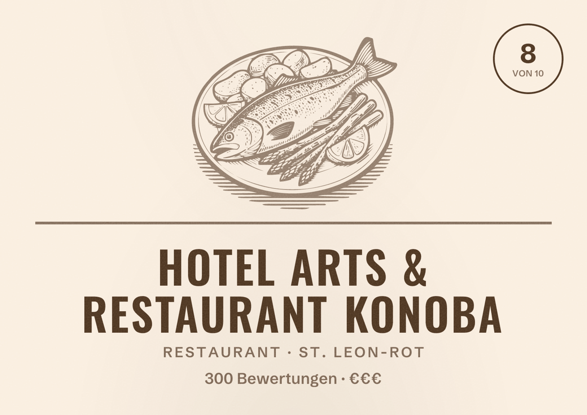Illustriertes Poster von Hotel Arts & Restaurant Konoba, Restaurant in St. Leon-Rot: Bewertung 8 von 10 aus 300 Bewertungen, Preisniveau €€€