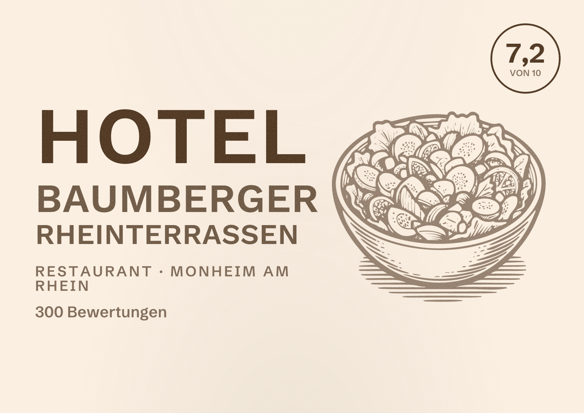 Illustriertes Poster von Hotel Baumberger Rheinterrassen, Restaurant in Monheim am Rhein: Bewertung 7,2 von 10 aus 300 Bewertungen